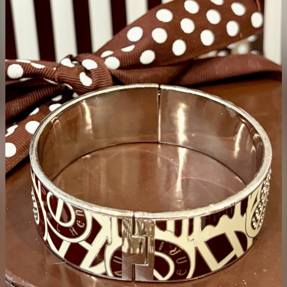 HENRI BENDEL Cream and Brown Enamel Logo Bangle Cuff w/Gold Accents & Crystals - Picture 10 of 16